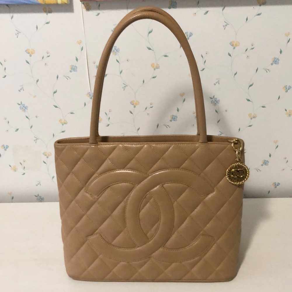 Chanel Beige Classic Medallion Quilted Caviar Tote Bag